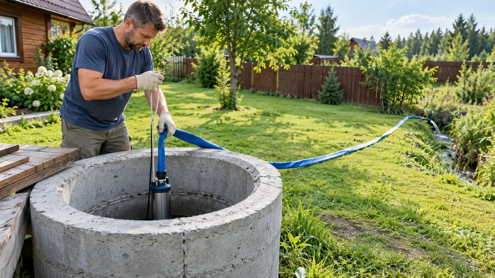 Хозяин участка опускает дренажный насос в колодец для прокачки воды