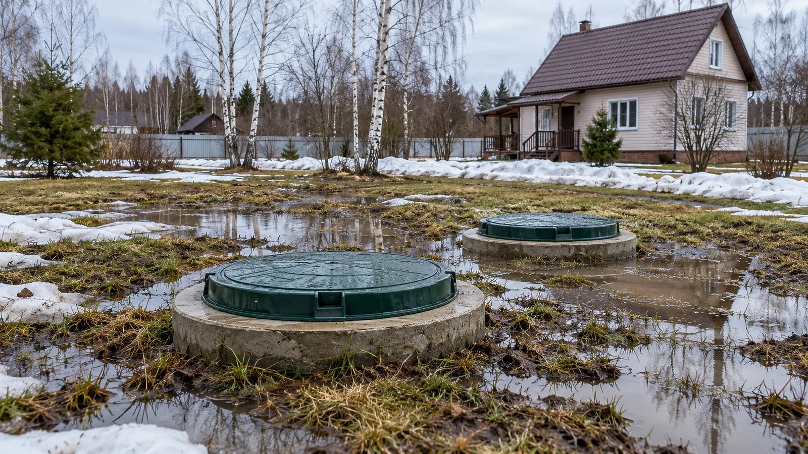 Весенний паводок на участке: вода стоит вокруг люков септика