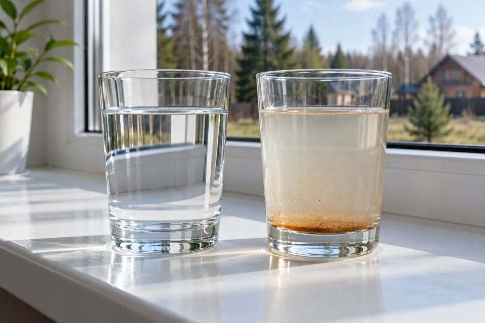 Тест на железо: стакан свежей воды и стакан с рыжим осадком через 20 минут