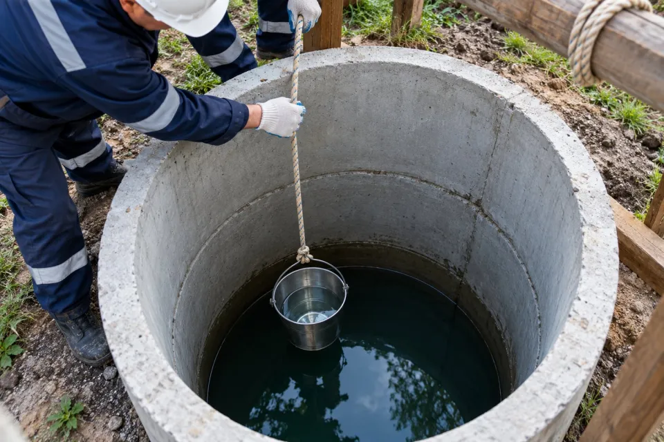 Ведро медленно опускают в колодец для отбора пробы воды