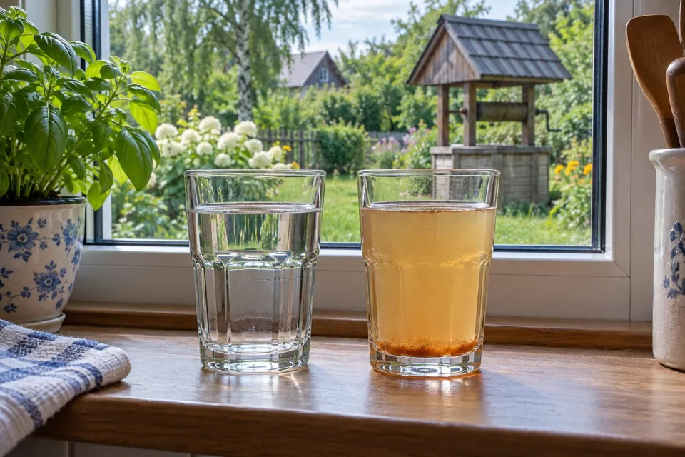 Два стакана воды из колодца: свежая прозрачная и пожелтевшая через полчаса из-за железа