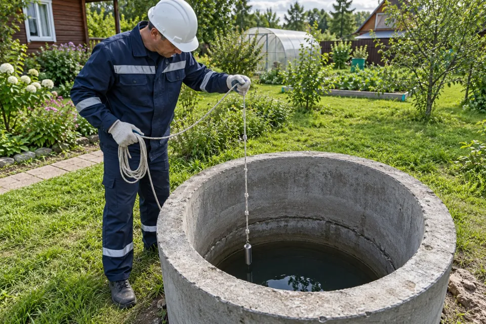 Замер статического уровня воды в колодце грузом на верёвке