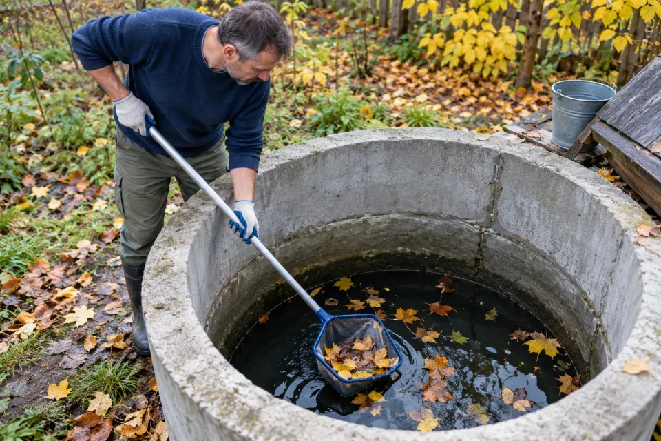 Хозяин убирает листья с поверхности воды в колодце сачком