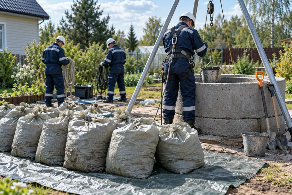 Мешки с вынутым илом и старым щебнем у колодца после профессиональной чистки