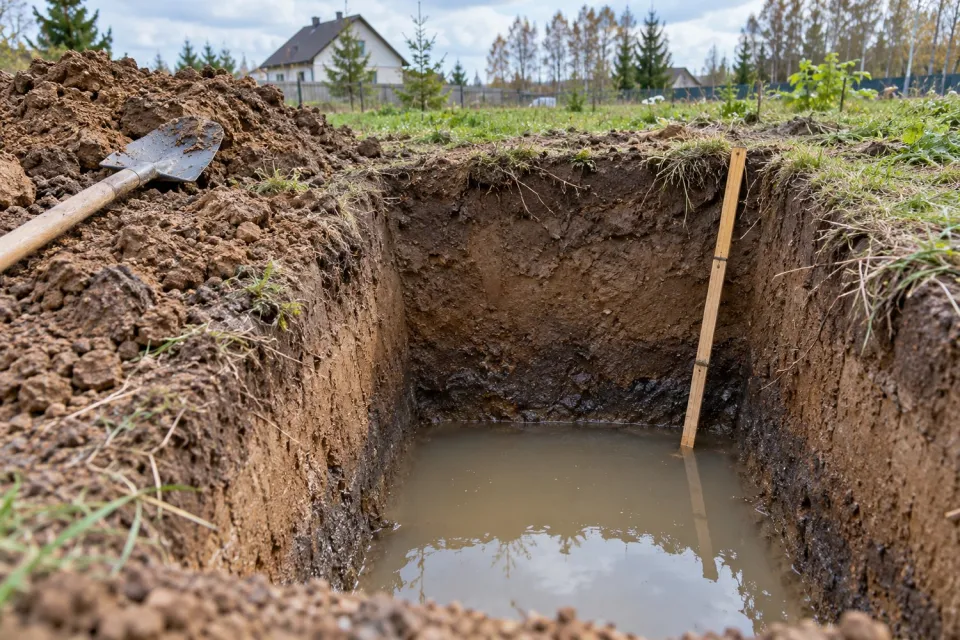 Шурф на участке: грунтовая вода стоит на глубине около метра