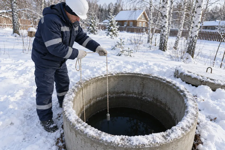 Замер уровня воды в колодце зимой грузом на верёвке