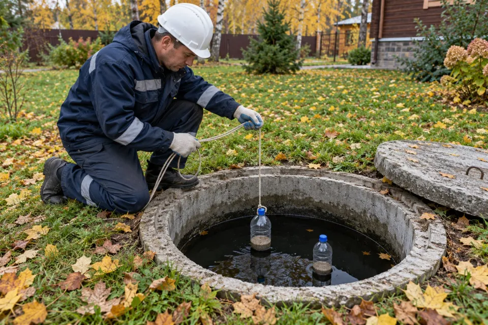 Бутылка-компенсатор с песком опускается на верёвке в камеру септика из бетонных колец